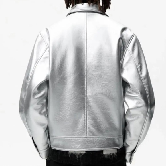 Zara Silver Men’s Rider's Jacket Leather size L/XL NWT - Picture 3 of 7